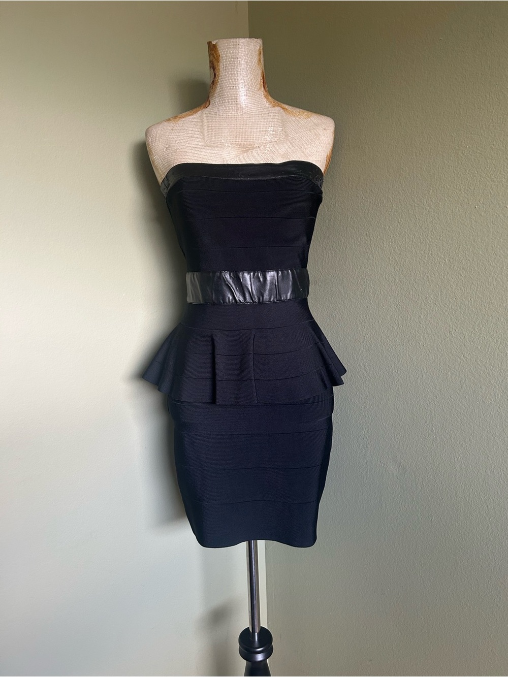 bebe Bandage Strapless Black Peplum Dress with Faux Leather Trim Sz S